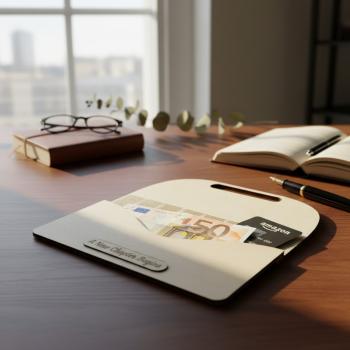 Holz-Umschlag aus hellem Birkensperrholz mit gelaserter Gravur A New Chapter Begins. Der Umschlag liegt dekorativ arrangiert, die natürliche Maserung und feinen Lasercut‑Details sind gut sichtbar. Ideal als Geschenkverpackung für Geld oder Gutscheine zu S